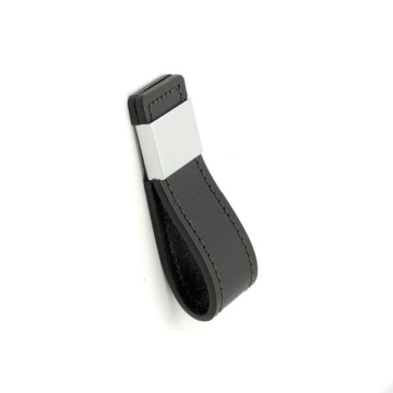 Leather Pull Furniture Handle with Chrome Bracket - Chrome With Black Leather